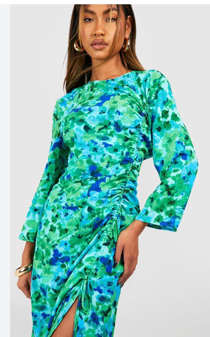 ZARA Ruched Long Sleeve Midi Dress Green Water Color Print S